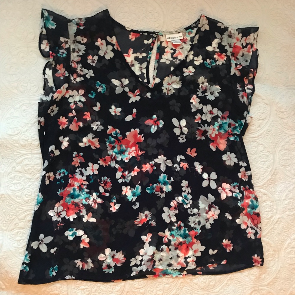 Liz Claiborne Navy Floral Ruffle Sleeve Top